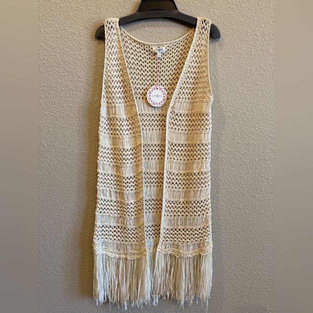 Umgee Beige Crochet Cardigan with Fringe